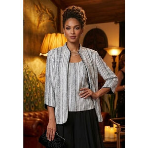 Alex Evenings 2-Piece Silver Shimmer & Black Stripe Evening Jacket Set, XL